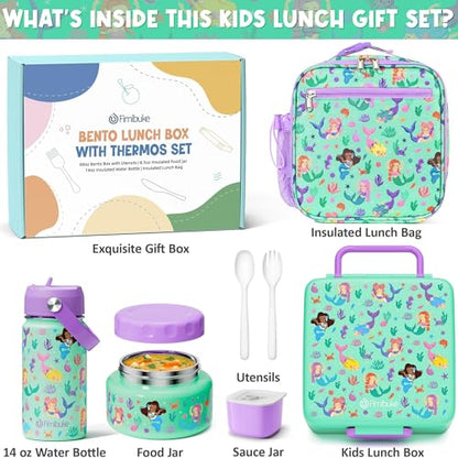 Fimibuke Bento Box for Kids Adult - Leakproof 3-4 Compartments Lunch Bento Box Set with Insulated Food Jar, Water Bottle, Lunch Bag, Sauce Cup & Cutlery for Toddler Teen Shcool Girl Boy Age 3+ - color: A1.Mermaids