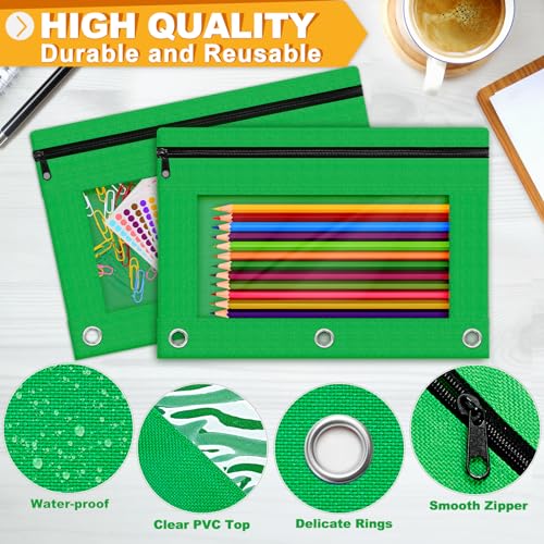 Pencil Pouch for 3 Ring Binder, 2 Pack Pencil Bags with Zipper, Green Pencil Case for Classroom School Office Supplies, Large Sturdy and Durable Cloth Pencil Pocket for 3 Holder Binder - color: Green