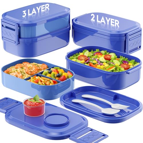 BiuLeon Bento Box Adult Lunch Box, 65 Oz Capacity Lunch Containers(Adjustable 2/3 Tier), BPA-Free, Leak-Proof and Stackable Bento Lunch Box, Microwave & Dishwasher Safe with Utensils(Blue) - color: Blue
