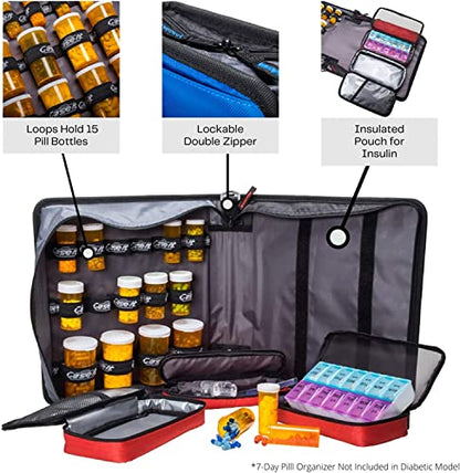 Med Manager Medicine Organizer and Binder, Removable Pouches, Detachable 5-Tab Expanding File Folder, Holds (15) Pill Bottles - (11) Standard Size and (4) Large Bottles, Red, 13 x 13 x 4.5 inches - color: Red