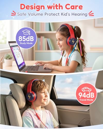 Candy Bila USB C Kids Headphones for School, HD Mic Stereo Sound, 85/94dB Safe Volume, Foldable Wired Over Ear Headphones for Travel, Toddler, Boys, Girls, Tablet, iPad, Gradient red to Dark Blue - color: Gradient red to Dark Blue