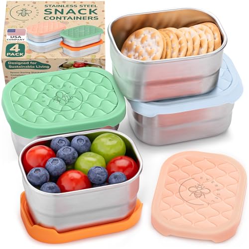 Small Metal Snack Containers - Stainless Steel - 8 oz, 4 PK, Fall Fest | Everusely Food Storage Boxes - Leakproof Silicone Lids - Reusable for Meal Prep & Portion Control - Compact for Travel Lunch - color: Fall Fest