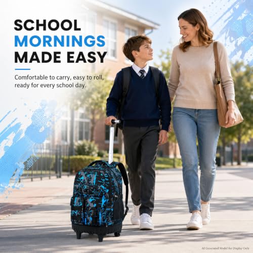 WZLVO 3PCS Wheeled Backpack, Water Resistance Rolling Bookbag for Boys, Roller School Bag Set with Lunch Box & Pencil Bag for Teens & Kids - Spray Blue - color: 3pcs Boys Rolling Backpack - Spray Blue