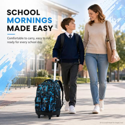 WZLVO 3PCS Wheeled Backpack, Water Resistance Rolling Bookbag for Boys, Roller School Bag Set with Lunch Box & Pencil Bag for Teens & Kids - Spray Blue - color: 3pcs Boys Rolling Backpack - Spray Blue