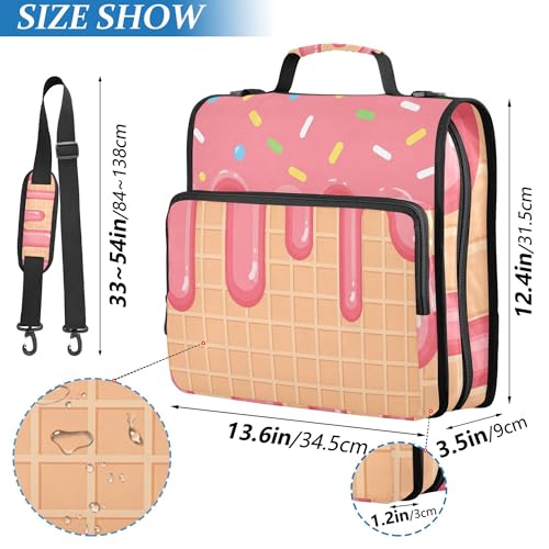 Ice Cream Zipper Binder with Shoulder Strap, 500 Sheets Capacity, Multiple Pockets 1.5Inch 3 Ring Zipper Binder - color: Ice Cream