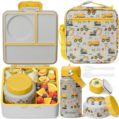 Fimibuke Bento Box for Kids Adult - Leakproof 3-4 Compartments Lunch Bento Box Set with Insulated Food Jar, Water Bottle, Lunch Bag, Sauce Cup & Cutlery for Toddler Teen Shcool Girl Boy Age 3+ - color: A7.Construction Trucks