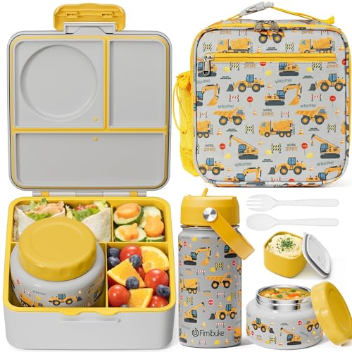 Fimibuke Bento Box for Kids Adult - Leakproof 3-4 Compartments Lunch Bento Box Set with Insulated Food Jar, Water Bottle, Lunch Bag, Sauce Cup & Cutlery for Toddler Teen Shcool Girl Boy Age 3+ - color: A7.Construction Trucks
