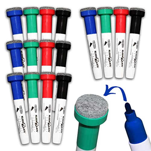 KleenSlate (12) Pack Large Color Dry Erase Markers with Eraser Cap, Round Point