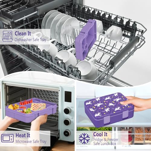 Chill Lunch Box Kids, Leak Proof Adult Bento Box with Ice Pack, 6 Compartment Lunch Container with Utensils for Girl Boy Back to School, 5.5-Cup Capacity, Dishwasher Safe, BPA Free - color: Purple-Horse