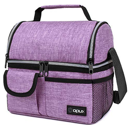opux Insulated Lunch Bag Women Men, Dual Compartment Leakproof Lunch Box Adults Kids, Double Decker Meal Prep Bento Lunch Cooler Tote with Shoulder Strap for Work Office School Travel, Purple - color: Heather Purple