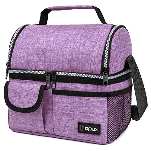 opux Insulated Lunch Bag Women Men, Dual Compartment Leakproof Lunch Box Adults Kids, Double Decker Meal Prep Bento Lunch Cooler Tote with Shoulder Strap for Work Office School Travel, Purple - color: Heather Purple