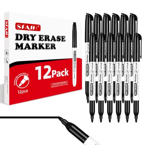 SFAIH Black Dry Erase Markers Fine Tip - 12 Pack Whiteboard Markers Standard Set For Office Teams, Teachers, Classrooms, Training Sessions | Low-Odor - color: Black