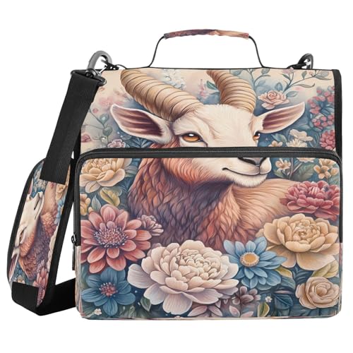 3 Ring Zipper Binder Goat Vintage Flowers Floral Binders Bag with Shoulder Strap 500 Sheets Paper Organizer Trapper Keeper Documents Storage File Folder for School Office - color: A935