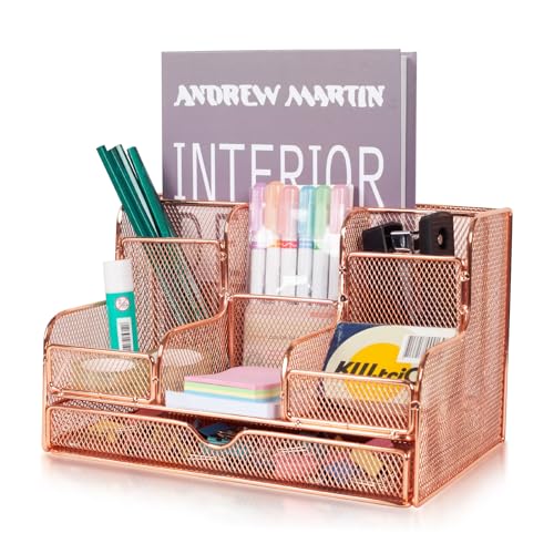 Barelove Rose Gold Desk Organizer with Sliding Drawer, Large Office Desktop Mesh Pen Pencil Holder Caddy Organization with 7 Compartments for Home School Supplies Stationery Book IPAD, Christmas Gifts