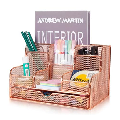 Barelove Rose Gold Desk Organizer with Sliding Drawer, Large Office Desktop Mesh Pen Pencil Holder Caddy Organization with 7 Compartments for Home School Supplies Stationery Book IPAD, Christmas Gifts