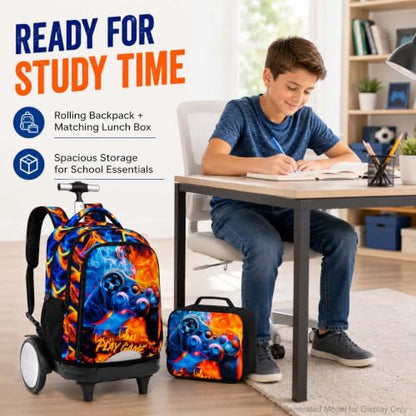 KLFVB Big Quiet-Glide Wheels Rolling Bookbag, 3-in-1 Wheeled Backpack Set with Lunch Bag | Water-Resistant Roller Bag for Boys, School, Travel, Play - Flame Game Controller - color: Rolling Backpack with Big Wheels - Flame Game