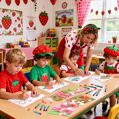 BenLouis 24 Strawberry Mini Coloring Books Kids with 24 Stacking Crayons Berry Party Favors Activity Books Bulk for Kids Girl Fruit First Goodie Bag Gift Stuffer Classroom Reward - style: Strawberry