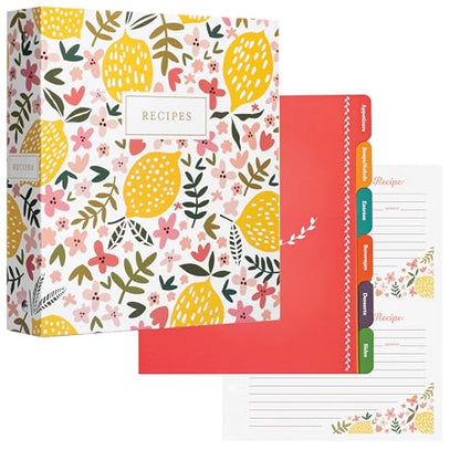 Jot & Mark 8.5"" x 9.5"" 3 Ring Recipe Binder with 50 Matching 4x6 inch | 50 Recipe Cards + 25 Sleeve Protectors + 5 Full-Page Sleeves + 6 Divider Tabs | 8.5x9.5 3-Ring - color: Summer Citrus, size: 8.5" x 9.5"