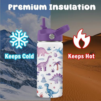 Hiboss Dinosaur Water Bottle for Kids, 16oz Kids Water Bottle Stainless Steel Insulated with Straw Lid, Purple Dino Travel Cup Tumbler Gift for Teens Girls Boys On School Sport - color: Dinosaur - 02