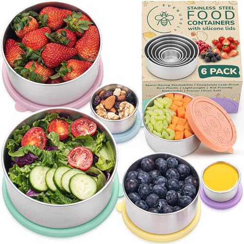 Everusely - Stainless Steel Containers with Lids - Set of 6, Bright Collection - Leakproof Stainless Steel Food Containers - Nesting Snack Holders - Metal Lunch Box - Portable & Reusable Meal Kit - color: Pack of 6