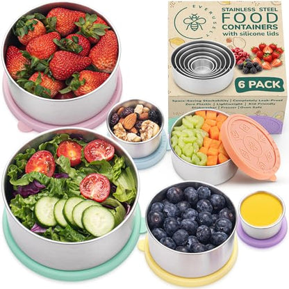 Everusely - Stainless Steel Containers with Lids - Set of 6, Bright Collection - Leakproof Stainless Steel Food Containers - Nesting Snack Holders - Metal Lunch Box - Portable & Reusable Meal Kit - color: Pack of 6