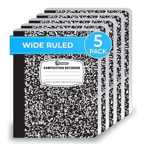 Rosmonde Composition Notebook Wide Ruled 5 Pack, 200 Pages (100 Sheets), 9-3/4 x 7-1/2, Back to School Supplies, Notebooks for School, Office Supplies, Notebooks for Work, Wide Ruled Notebook - size: 5 Pack, style: Black Marble