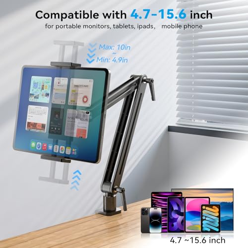 Jakeko Adjustable Tablet Mount for Desk - 360 Degree Rotating Base Tall Arm Holder Stand Swivel Flexible Clamp Soporte para Tablet/Portable Monitor/Ebook - size: up to 15.6"
