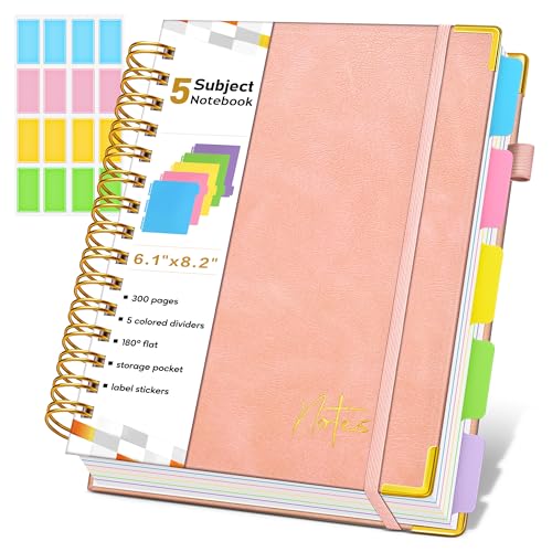 Spiral Notebook Journal with Removable Dividers Tabs, 300 Pages Hardcover Leather 5 Subject College Ruled Notebook, 6.1"x8.2" Large A5 Lined Journal for Women Men Spiral Notebook for Work School,Pink - color: Pink, size: A5