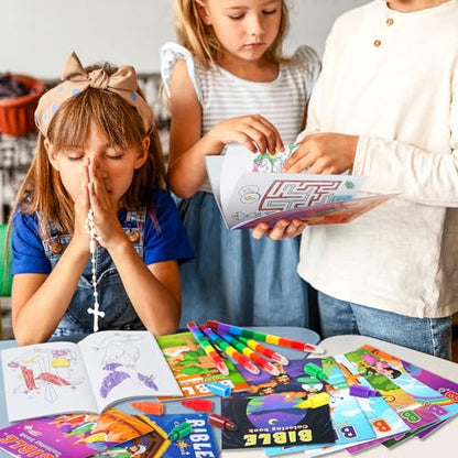 BenLouis 24 Christian Mini Coloring Books Kids with 24 Stacking Crayons Bible Verse Party Favors Activity Books Bulk for Kids Christmas Religious Goodie Bag Gift Stuffer Classroom Reward - style: Christian