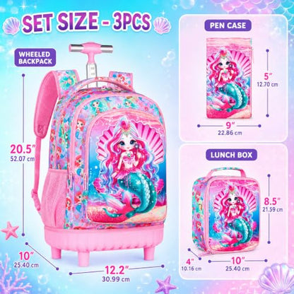 3PCS Kids Rolling Backpack, Boys Girls Roller Wheels Bookbag, Wheeled School Bag with Lunch Bag