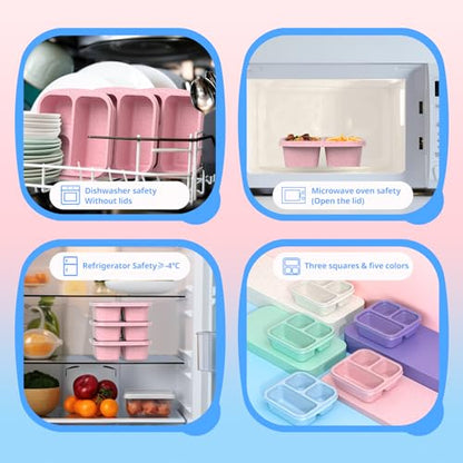 Snack Boxes (3 Pack) - Stackable Bento Boxes with 3 Compartments, Meal Prep Containers Reusable, Lightweight Lunch Containers for Kids and Adults, BPA Free (Pink) - color: Pink