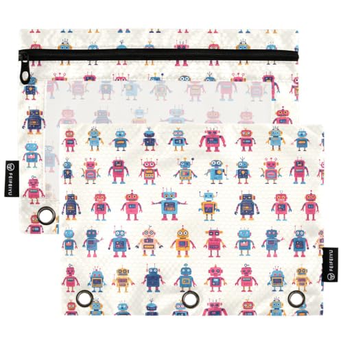 Gredecor 3 Ring Binder Pencil Pouch, Colorful Cute Robot Zippered Pen Case Pouches with Clear Window, 2 Pack Stylish Office & School Supplie - color: Colorful Cute Robot