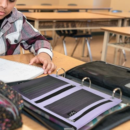 SKYDUE 3 Ring Pencil Pouch for Binder, Zipper Binder Pencil Pouch with 3 Pockets and Mesh Window, Durable Organizer for School Supplies, Cables, Earbuds, Makeup - color: Purple