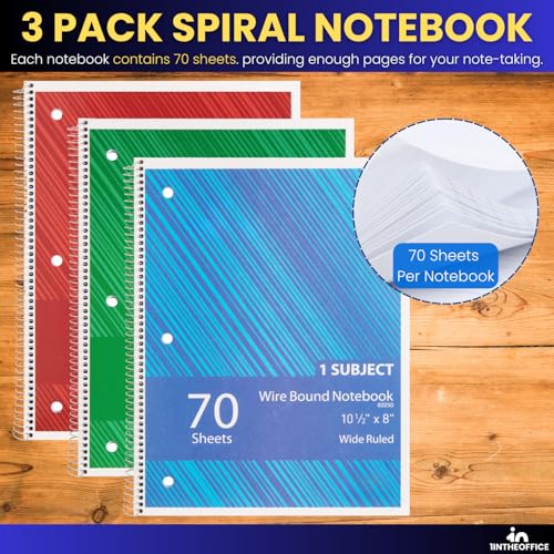 1InTheOffice Spiral Notebook College Ruled, One Subject Spiral Notebook, Spiral Bound Notebook, 10.5" x 8", 3-Hole Punched, 70 Sheets, Assorted Colors, 3 Pack