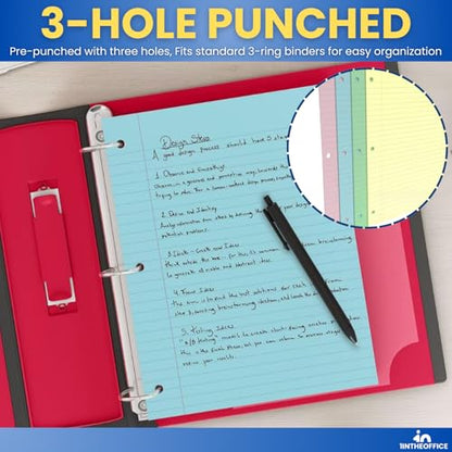 1InTheOffice 5.5 x 8.5 Paper, Pastel, College Ruled Mini Binder Paper, Loose Leaf Paper, Assorted Color, 100 Pack