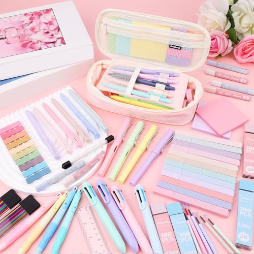 80Pcs Aesthetic School Supplies with Cute Pencil Case, 12 Pastel Highlighters, 4 Multicolor Ballpoint Pens, 6 Gel Pens with Refills, 10 Mechanical Pencils with Leads for Student Stationery Set(Pink) - style: Pink
