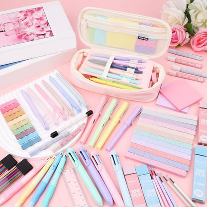 80Pcs Aesthetic School Supplies with Cute Pencil Case, 12 Pastel Highlighters, 4 Multicolor Ballpoint Pens, 6 Gel Pens with Refills, 10 Mechanical Pencils with Leads for Student Stationery Set(Pink) - style: Pink