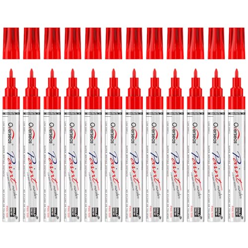 Overseas Red Oil Based Paint Markers, 12 Fine Tip Permanent Paint Pens | 0.9mm Fine Nib, Waterproof, Quick Dry, Fade Resistant, Oil Marker Pen for Metal, Rubber, Glass, Wood, Plastic, Rock, Canvas - color: Red