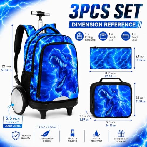 3Pcs Large Rolling Backpack for Boys, 20 Inch Detachable Light Up Wheeled Bookbag with Lunch Box, Durable Lightning Dinosaur Roller Backpack for Elementary Middle School (Blue) - color: Large Wheels Dinosaur Blue