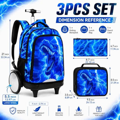 3Pcs Large Rolling Backpack for Boys, 20 Inch Detachable Light Up Wheeled Bookbag with Lunch Box, Durable Lightning Dinosaur Roller Backpack for Elementary Middle School (Blue) - color: Large Wheels Dinosaur Blue