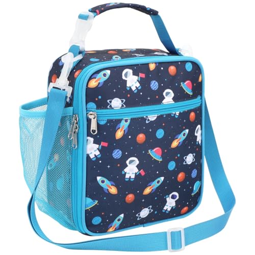 Bagseri Kids Lunch Bag with Shoulder Strap - Insulated Crossbody Boys Lunch Box for School & Travel, Reusable Large Meal Tote with Bottle Holder, Fits Bento Box, Navy Space - color: B Space Astronaut(Blue Trim), size: Crossbody Strap Series