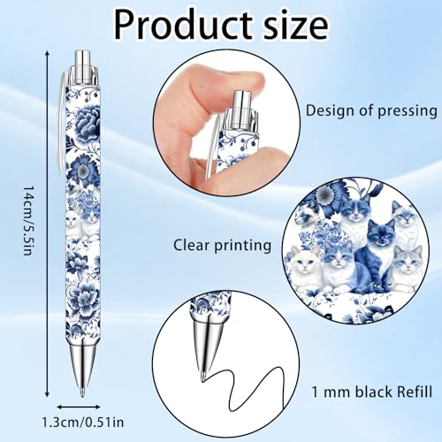 Blue and White Porcelain Cat Ballpoint Pens Set – Aesthetic Chinese Porcelain Style Cat Design Pens for Office, Journaling, and Stationery Lovers – Smooth Writing Pens for Daily Use or Gifts, 10 Pack - style: Blue and white porcelain cat