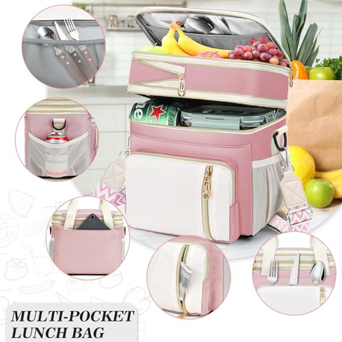 LOKASS Lunch Box & Lunch Bag for Women Men Double Deck, Large Insulated Adult Lunch Box Leakproof Lunchbox Cooler Bag for Work Picnic Beach,（Pink&White 16L） - color: Pink 1