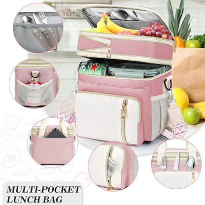 LOKASS Lunch Box & Lunch Bag for Women Men Double Deck, Large Insulated Adult Lunch Box Leakproof Lunchbox Cooler Bag for Work Picnic Beach,（Pink&White 16L） - color: Pink 1