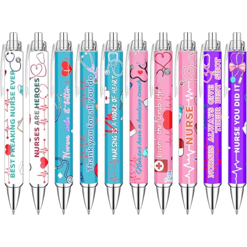 Idealmuzik Nurse Appreciation Week Ballpoint Pens Set of 10 – Nurse Theme Pens with Stethoscope, Heart & ECG Designs and Encouraging Quotes – Smooth Black Ink Pens for Hospital, Office, and Daily Use - style: Medicine