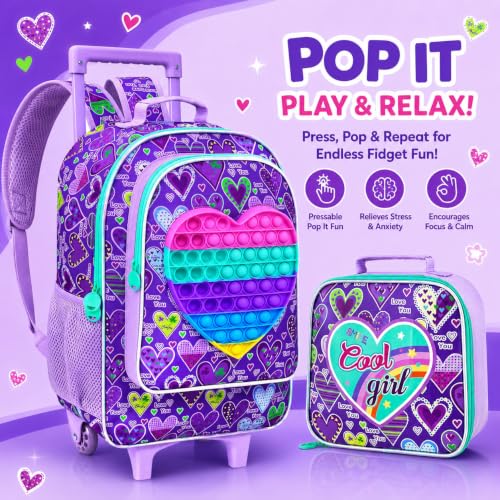 AGSDON 3PCS Rolling Backpack for Girls, Kids Roller Wheels Bookbag, Wheeled School Bag with Lunch Bag - Purple - color: Love