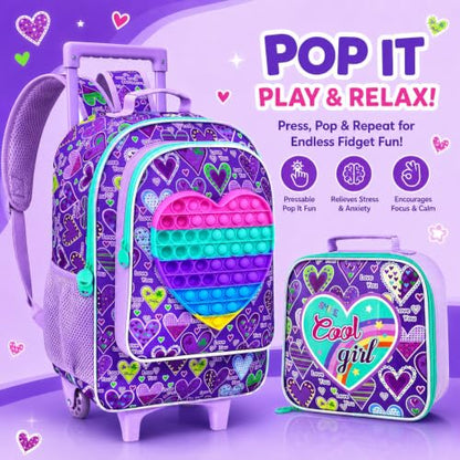 AGSDON 3PCS Rolling Backpack for Girls, Kids Roller Wheels Bookbag, Wheeled School Bag with Lunch Bag - Purple - color: Love