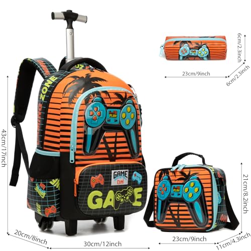 Kids Rolling Backpack for Boys Game Controller Trolley Suitcases Luggage with Wheels Bookbag Wheeled 3pcs Preschool Students Elementary Teenagers Lunch Box Pencil Case Yellow for Age 5-10 - color: Yellow-0201-shoubing