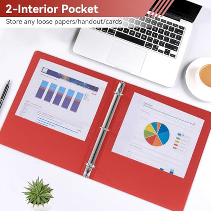 SUIN 1 Inch 3 Ring Binder, Clear 1'' View Presentation Binders with 2 Pockets, Fits 8.5 x 11 Letter Size, Durable Polypropylene, Non-Stick & PVC-Free for School, Office & Home (Red) - color: Red