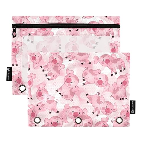 Cute Pink Little Pigs Pencil Pouch for 3 Ring Binder, Three Hole Pencil Case for Binder Bulk Pencil Bag with Clear Window and Zipper for Office School College, 2 Pack, 9.84*7.08in - color: Multicolor 19